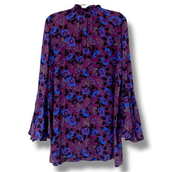 Free People Boho Tunic Purple Floral Pattern with Flared Sleeves Size S - Picture 2 of 7